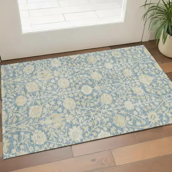 Sky Blue And Ivory Floral Washable Area Rug With UV Protection Photo 1