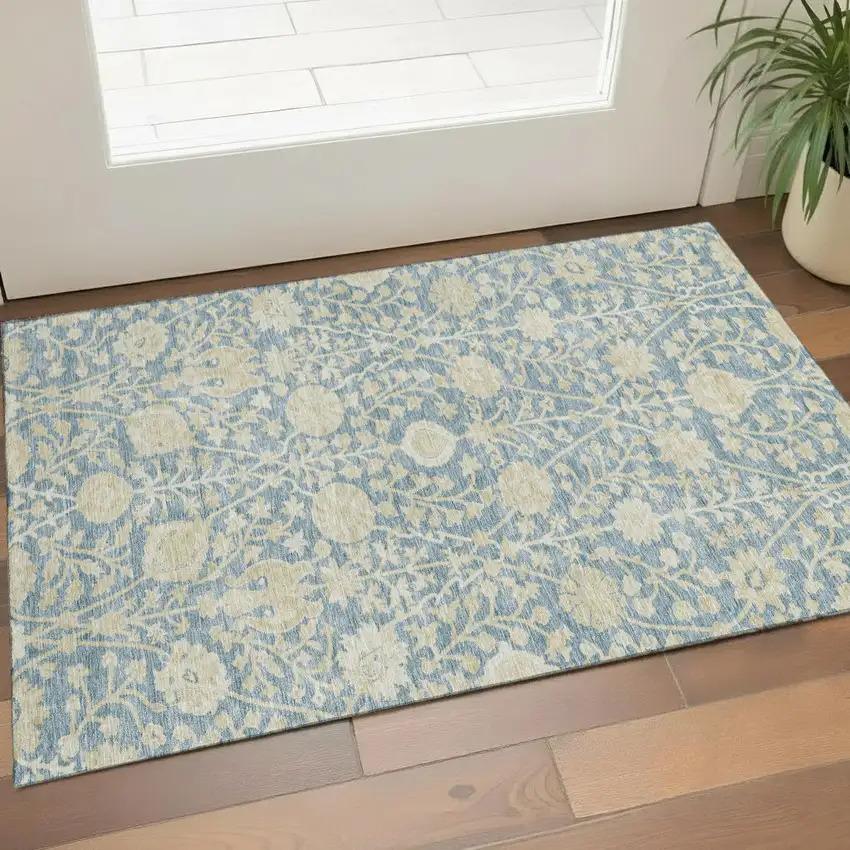 Sky Blue And Ivory Floral Washable Area Rug With UV Protection Photo 1