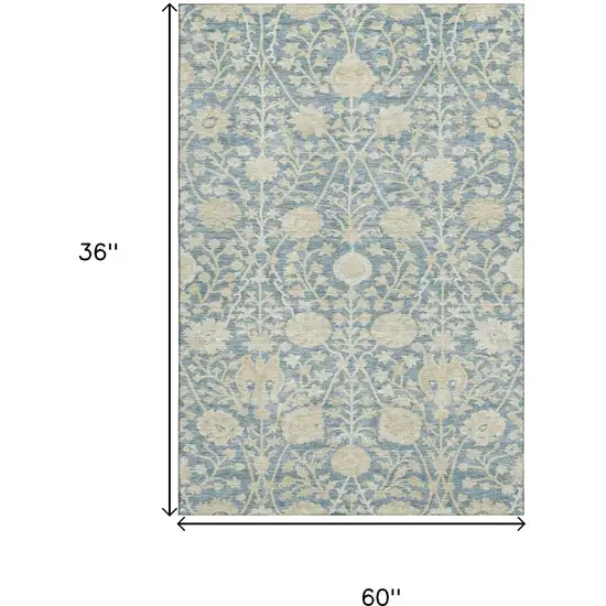 Sky Blue And Ivory Floral Washable Area Rug With UV Protection Photo 9