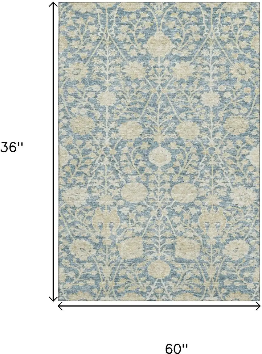 Sky Blue And Ivory Floral Washable Area Rug With UV Protection Photo 9