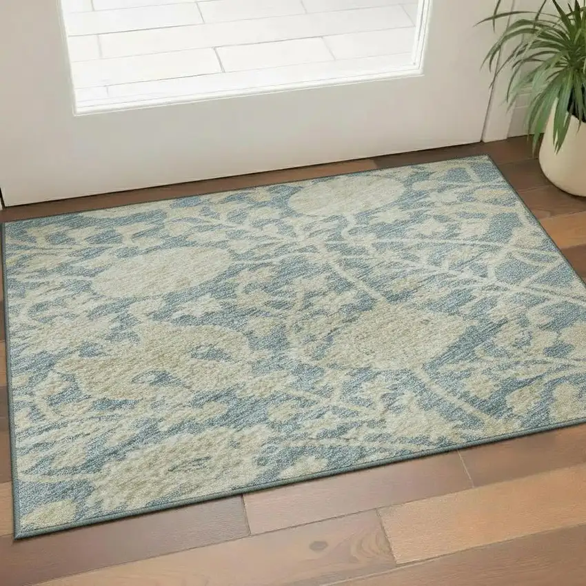 Sky Blue And Ivory Floral Washable Area Rug With UV Protection Photo 2