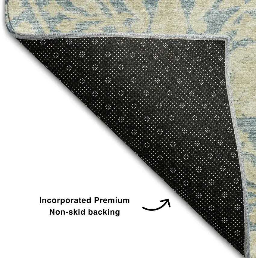 Sky Blue And Ivory Floral Washable Area Rug With UV Protection Photo 6