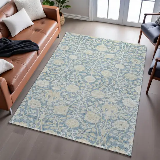 Sky Blue And Ivory Floral Washable Area Rug With UV Protection Photo 4