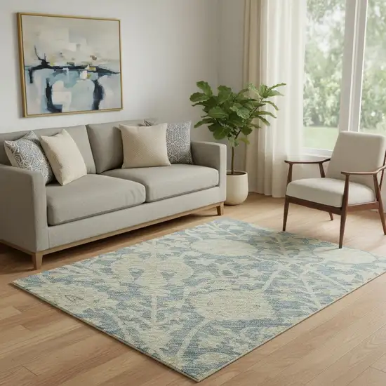 Sky Blue And Ivory Floral Washable Area Rug With UV Protection Photo 2