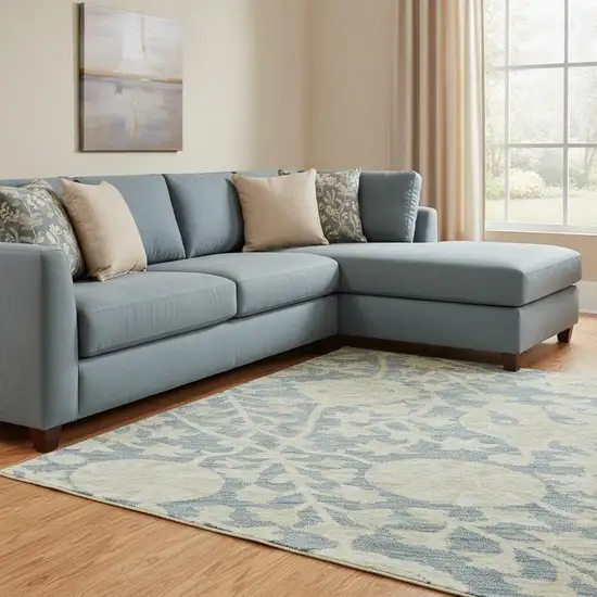 Sky Blue And Ivory Floral Washable Area Rug With UV Protection Photo 2