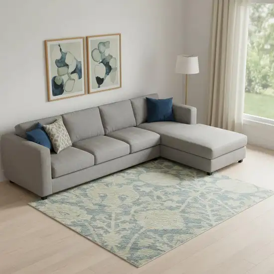 Sky Blue And Ivory Floral Washable Area Rug With UV Protection Photo 2