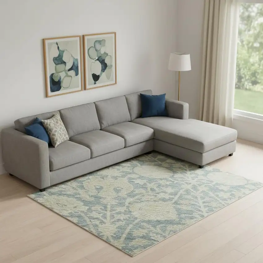 Sky Blue And Ivory Floral Washable Area Rug With UV Protection Photo 2