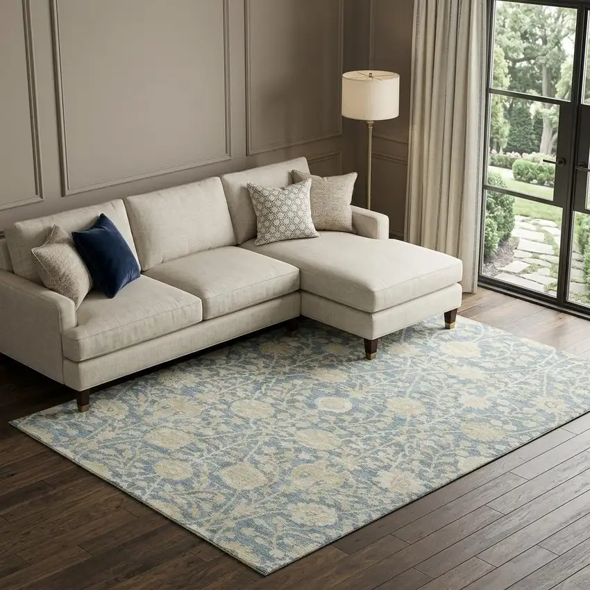Sky Blue And Ivory Floral Washable Area Rug With UV Protection Photo 1