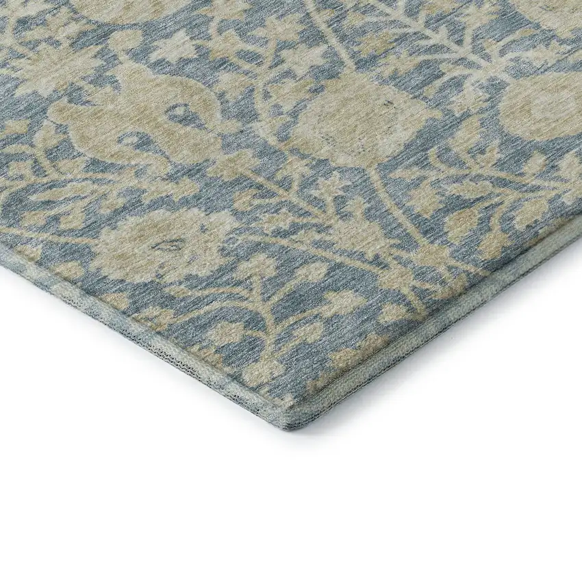 Sky Blue And Ivory Floral Washable Area Rug With UV Protection Photo 7