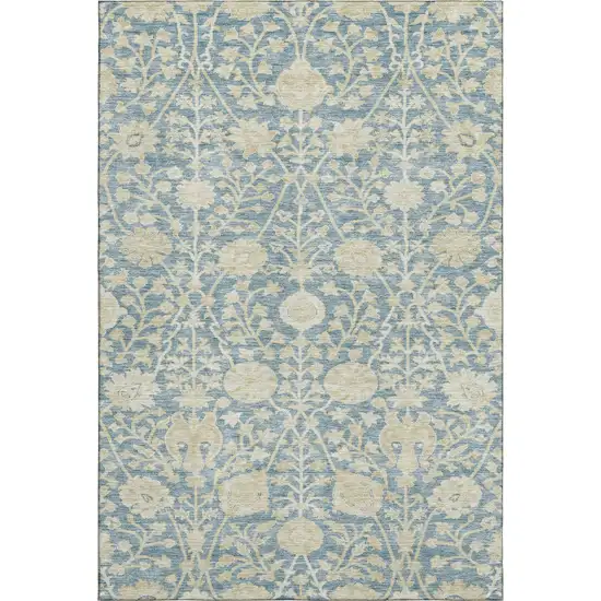 Sky Blue And Ivory Floral Washable Area Rug With UV Protection Photo 5