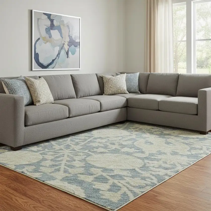 Sky Blue And Ivory Floral Washable Area Rug With UV Protection Photo 2