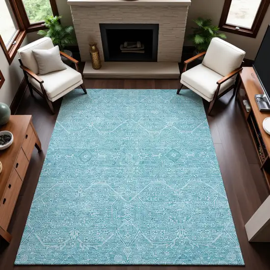 Sky Blue And Ivory Floral Washable Area Rug With UV Protection Photo 4