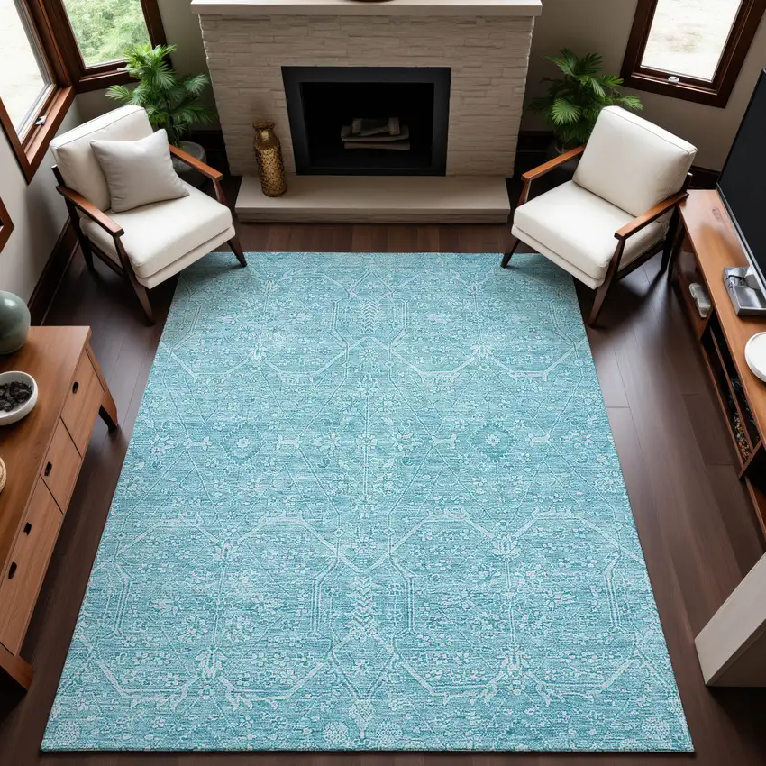 Sky Blue And Ivory Floral Washable Area Rug With UV Protection Photo 4