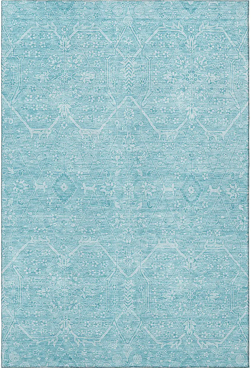 Sky Blue And Ivory Floral Washable Area Rug With UV Protection Photo 2