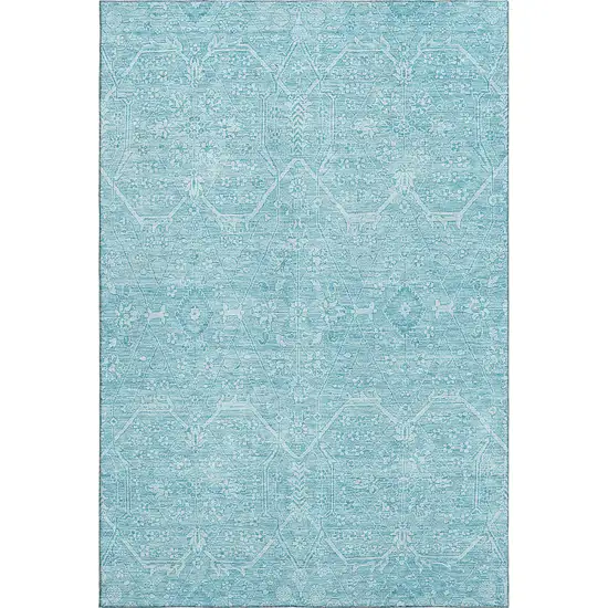 Sky Blue And Ivory Floral Washable Area Rug With UV Protection Photo 1
