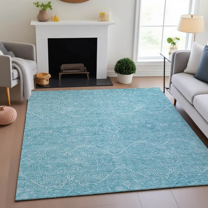 Sky Blue And Ivory Floral Washable Area Rug With UV Protection Photo 3
