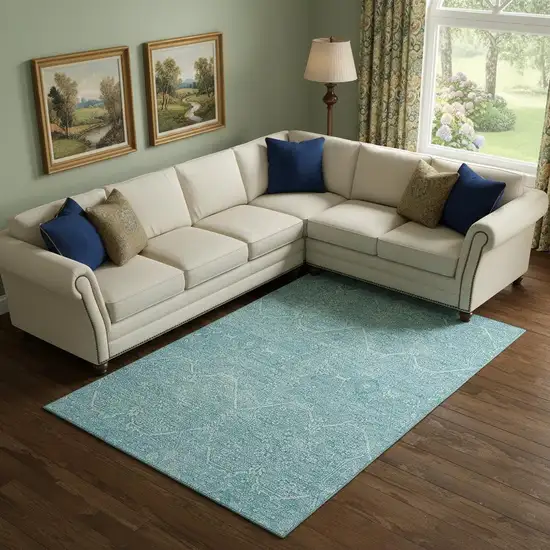 Sky Blue And Ivory Floral Washable Area Rug With UV Protection Photo 2