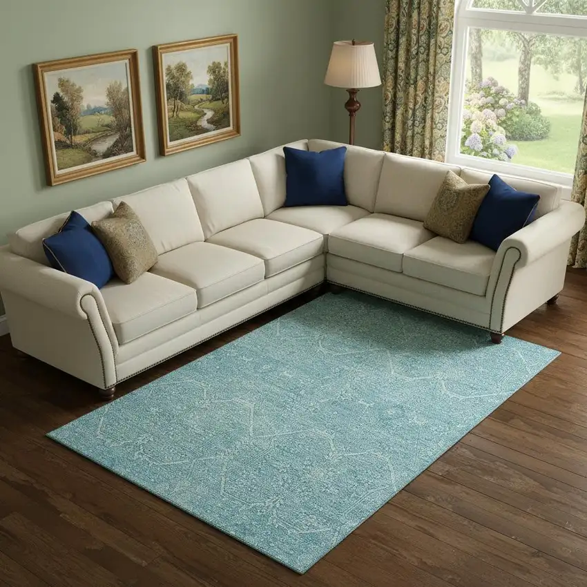 Sky Blue And Ivory Floral Washable Area Rug With UV Protection Photo 2