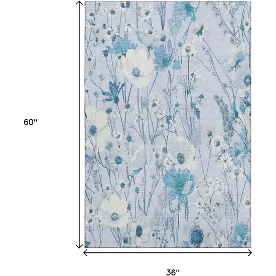 Sky Blue And Ivory Floral Washable Area Rug With UV Protection Photo 9