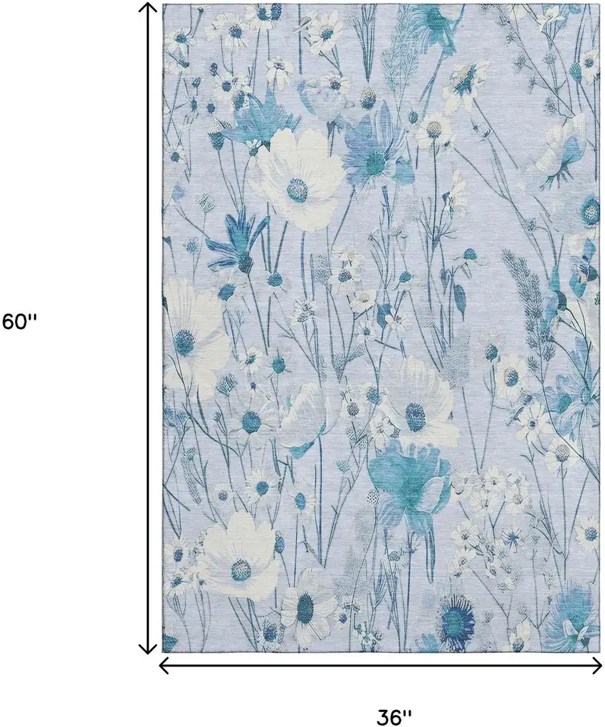 Sky Blue And Ivory Floral Washable Area Rug With UV Protection Photo 9
