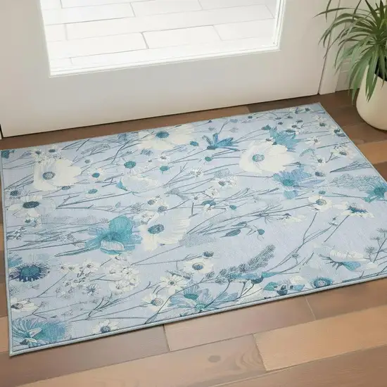 Sky Blue And Ivory Floral Washable Area Rug With UV Protection Photo 2