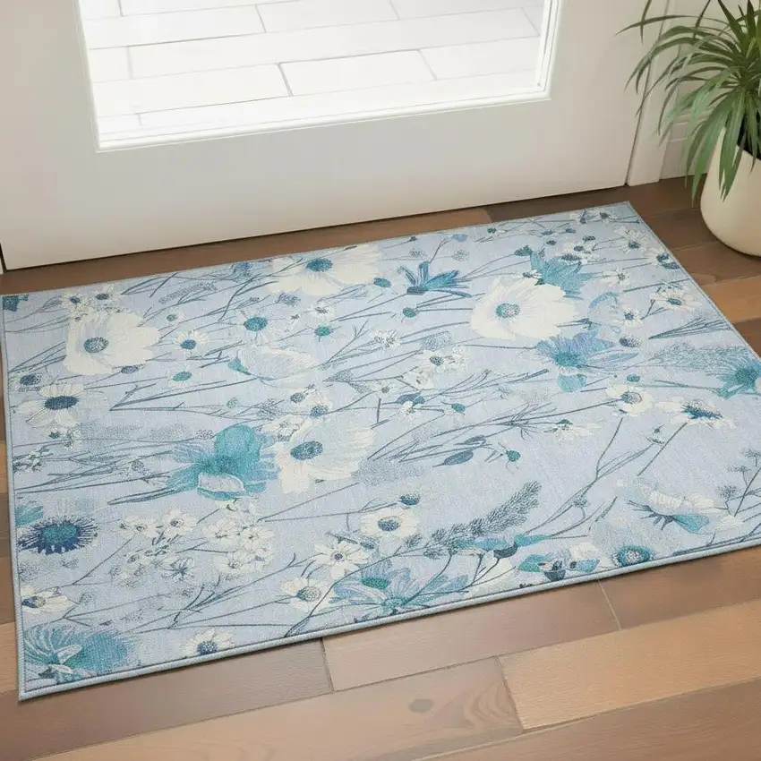 Sky Blue And Ivory Floral Washable Area Rug With UV Protection Photo 2