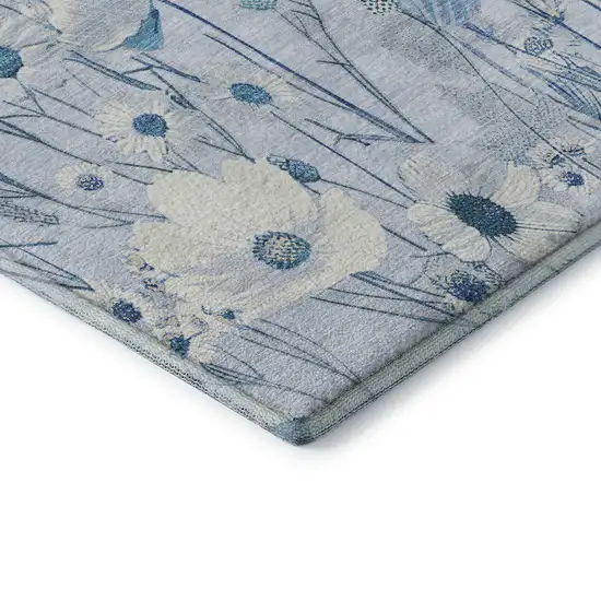 Sky Blue And Ivory Floral Washable Area Rug With UV Protection Photo 6
