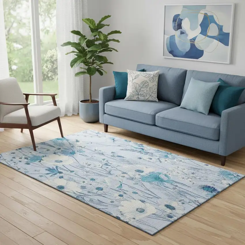 Sky Blue And Ivory Floral Washable Area Rug With UV Protection Photo 2
