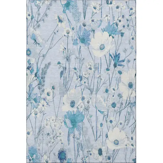 Sky Blue And Ivory Floral Washable Area Rug With UV Protection Photo 3