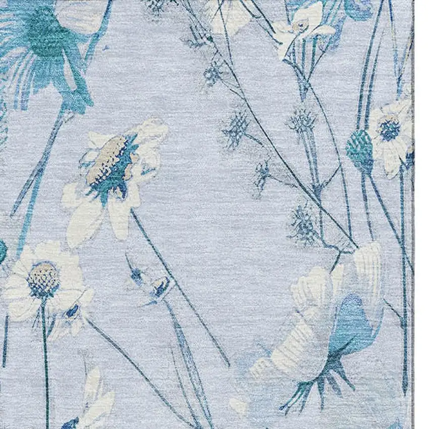 Sky Blue And Ivory Floral Washable Area Rug With UV Protection Photo 2