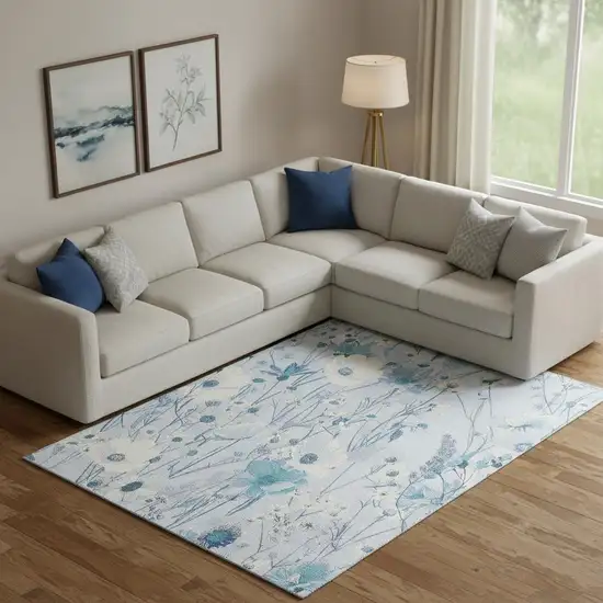 Sky Blue And Ivory Floral Washable Area Rug With UV Protection Photo 2