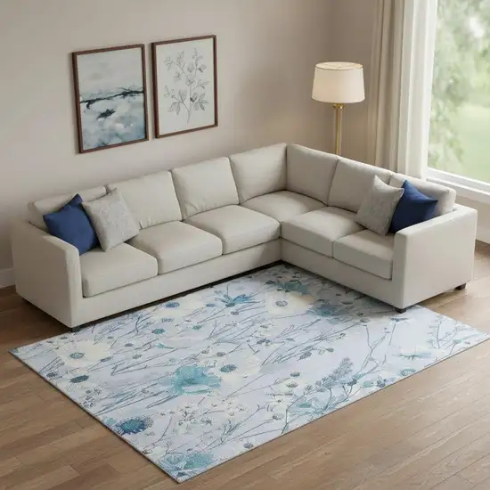 Sky Blue And Ivory Floral Washable Area Rug With UV Protection Photo 2