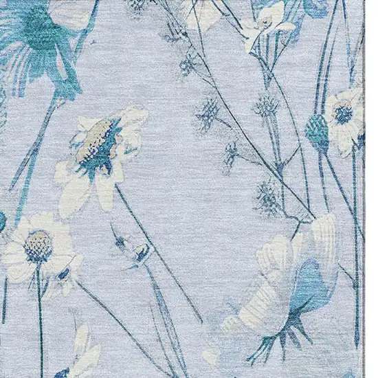 Sky Blue And Ivory Floral Washable Area Rug With UV Protection Photo 3