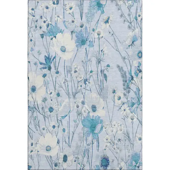 Sky Blue And Ivory Floral Washable Area Rug With UV Protection Photo 1