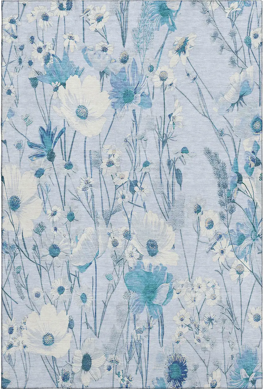 Sky Blue And Ivory Floral Washable Area Rug With UV Protection Photo 1