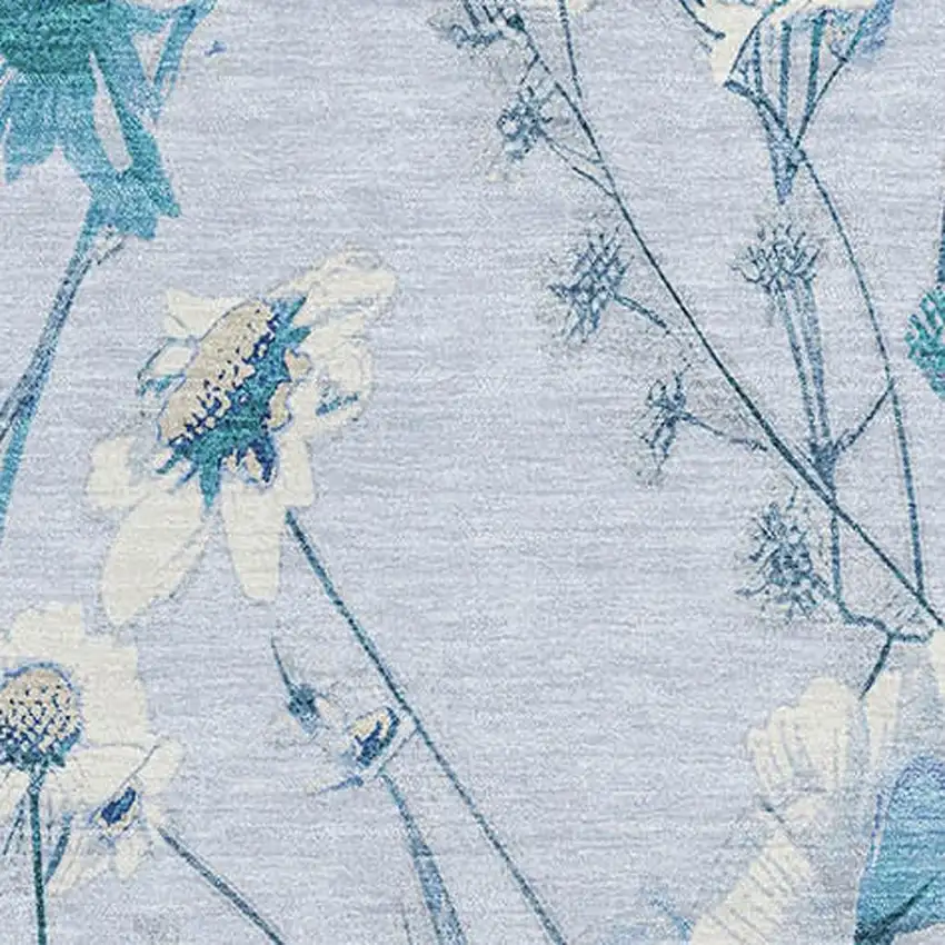 Sky Blue And Ivory Floral Washable Area Rug With UV Protection Photo 2
