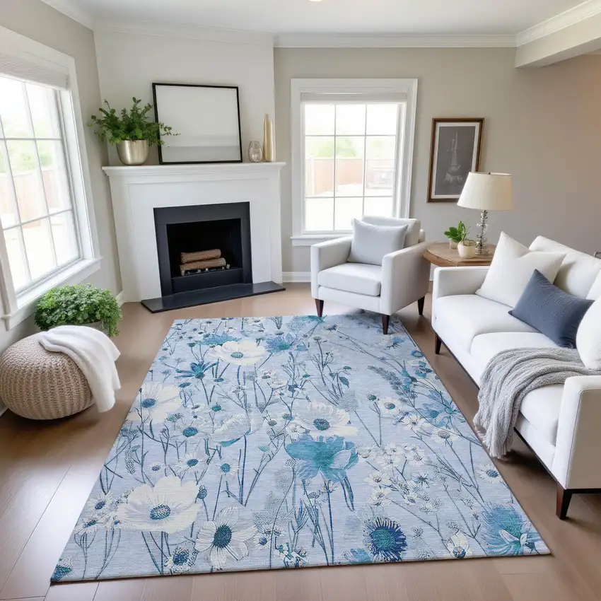 Sky Blue And Ivory Floral Washable Area Rug With UV Protection Photo 4