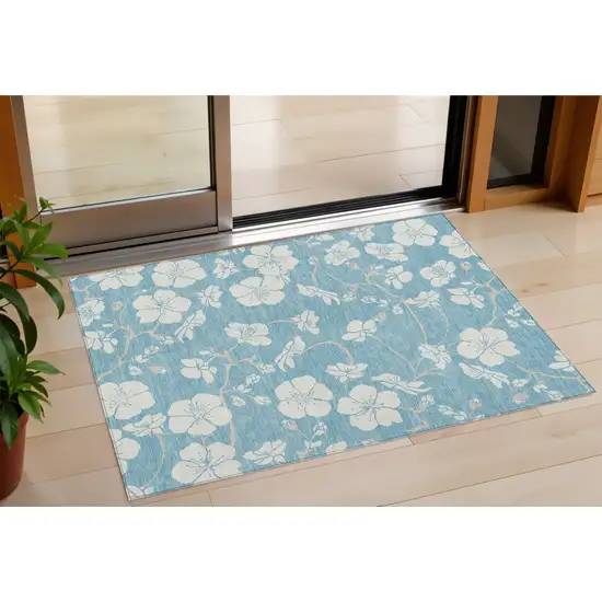 Sky Blue And Ivory Floral Washable Indoor Outdoor Area Rug Photo 1