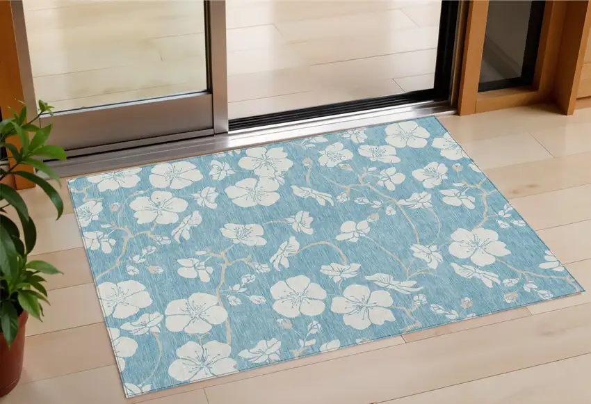Sky Blue And Ivory Floral Washable Indoor Outdoor Area Rug Photo 1