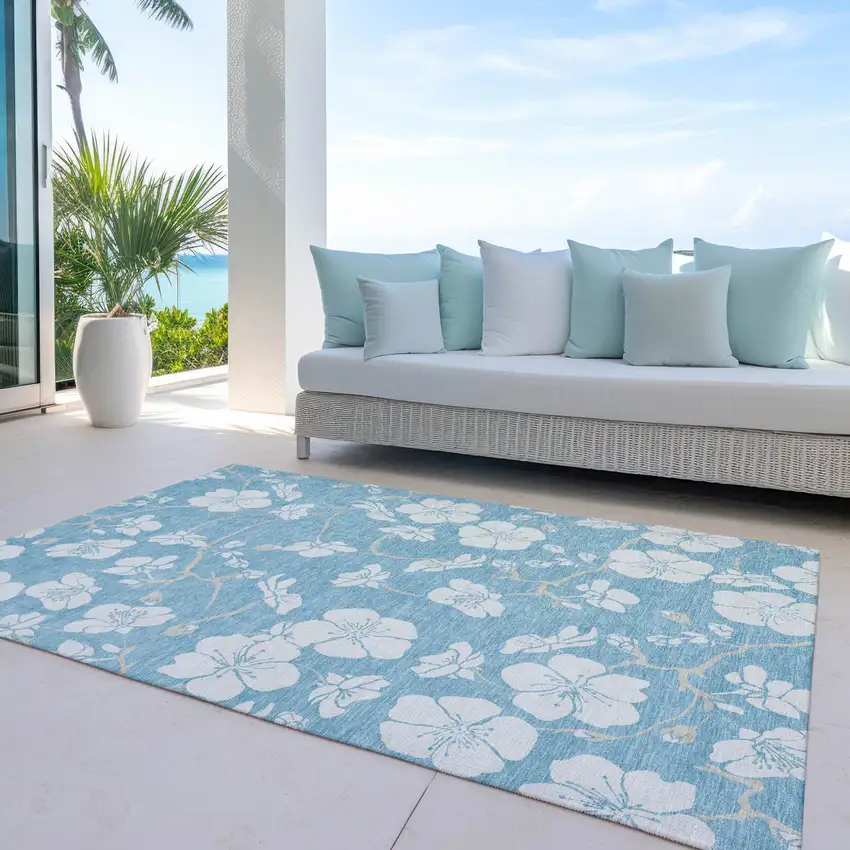 Sky Blue And Ivory Floral Washable Indoor Outdoor Area Rug Photo 9