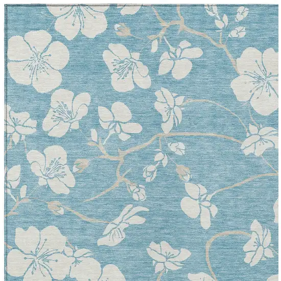 Sky Blue And Ivory Floral Washable Indoor Outdoor Area Rug Photo 5