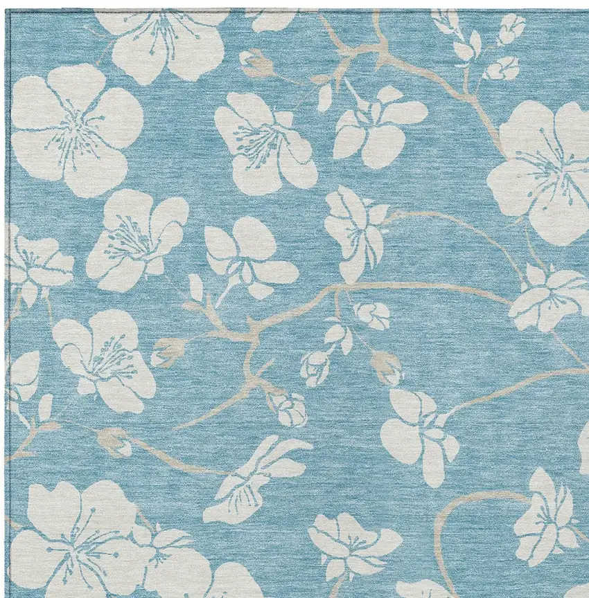 Sky Blue And Ivory Floral Washable Indoor Outdoor Area Rug Photo 5