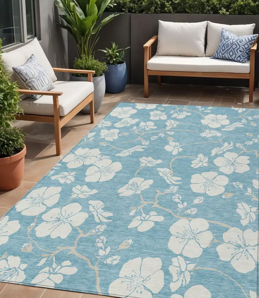 Sky Blue And Ivory Floral Washable Indoor Outdoor Area Rug Photo 1