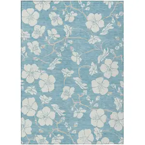 Photo of Sky Blue And Ivory Floral Washable Indoor Outdoor Area Rug