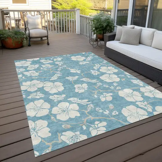 Sky Blue And Ivory Floral Washable Indoor Outdoor Area Rug Photo 7