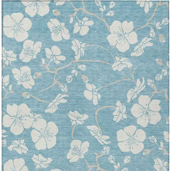 Sky Blue And Ivory Floral Washable Indoor Outdoor Area Rug Photo 6