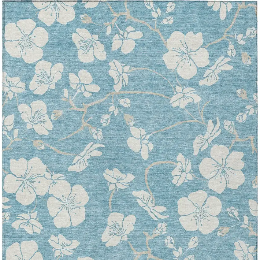 Sky Blue And Ivory Floral Washable Indoor Outdoor Area Rug Photo 6