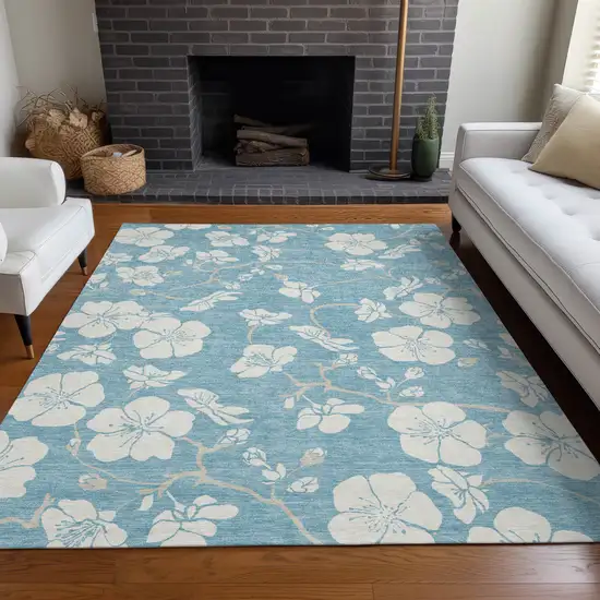 Sky Blue And Ivory Floral Washable Indoor Outdoor Area Rug Photo 9