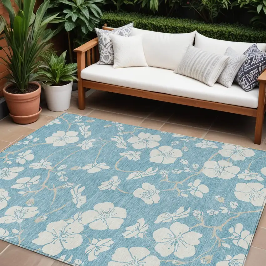 Sky Blue And Ivory Floral Washable Indoor Outdoor Area Rug Photo 1