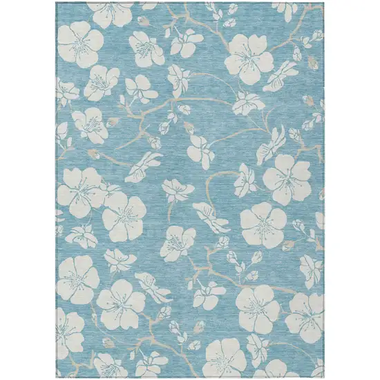 Sky Blue And Ivory Floral Washable Indoor Outdoor Area Rug Photo 2